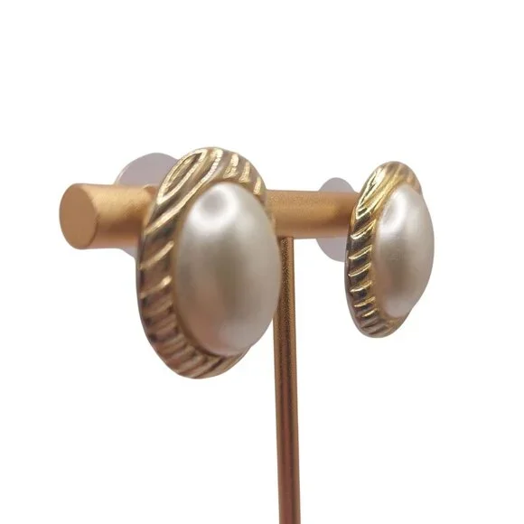 Vintage Faux Pearl & Gold-Tone Post Back Earrings - Picture 2 of 4